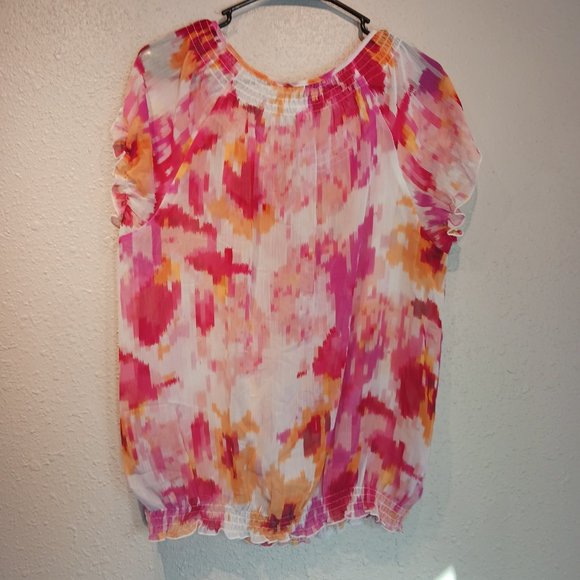 Liz Claiborne soft Bright neon pink Watercolor Peasant top blouse size Large LG - Picture 5 of 5